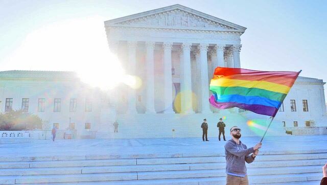 The pride flag flies outside the US Supreme Court