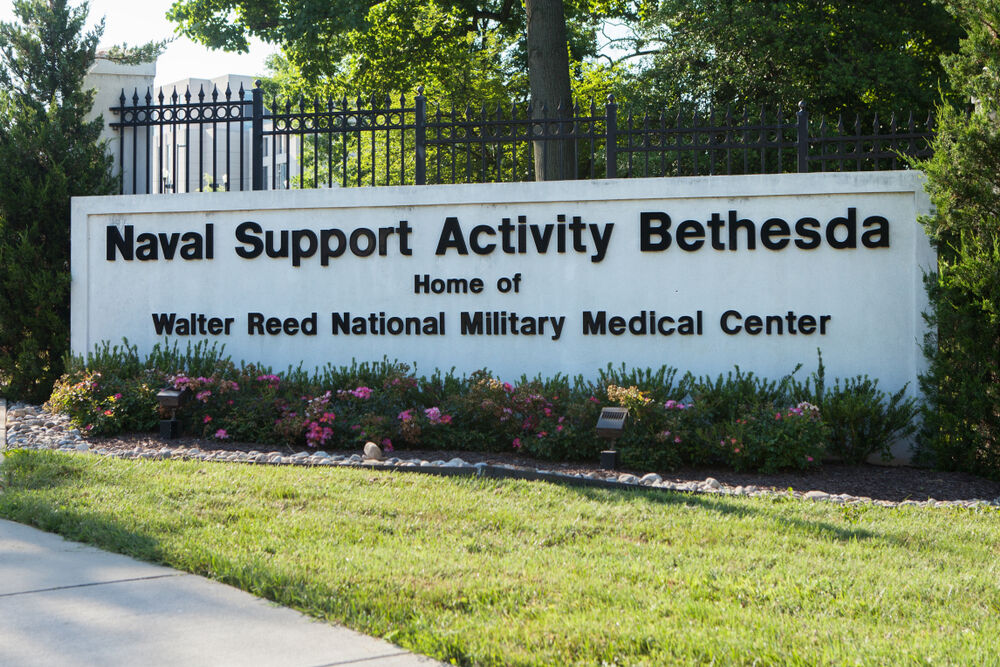 BETHESDA, MD - JUNE 30, 2018: Sign at the North Gate to Walter Reed National Military Medical Center