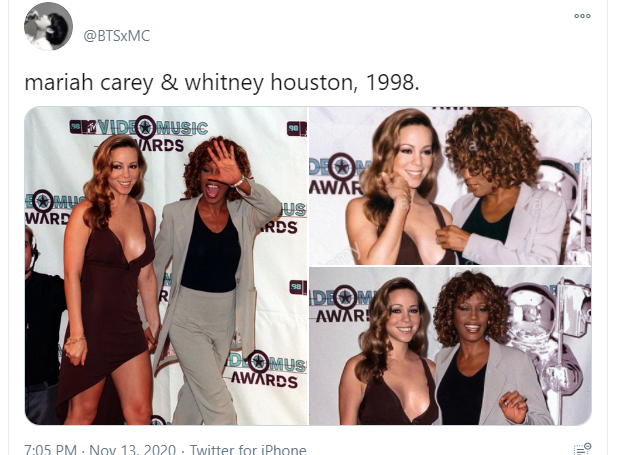 Screenshot of a tweet by @BTSxMC on Twitter captioned "mariah carey & whitney houston, 1998" accompanied by three photos of Mariah Carey (left) and Whitney Houston (right).