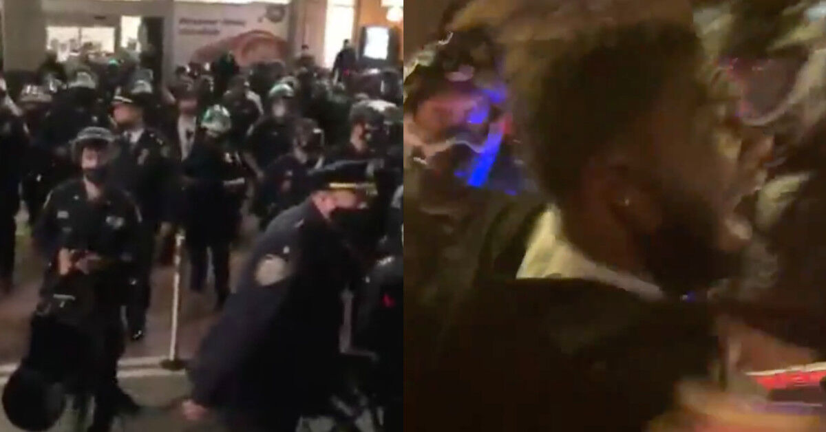 Police officers at Union Square (left) and Public Advocate Jumaane Williams being shoved in crowd (right).