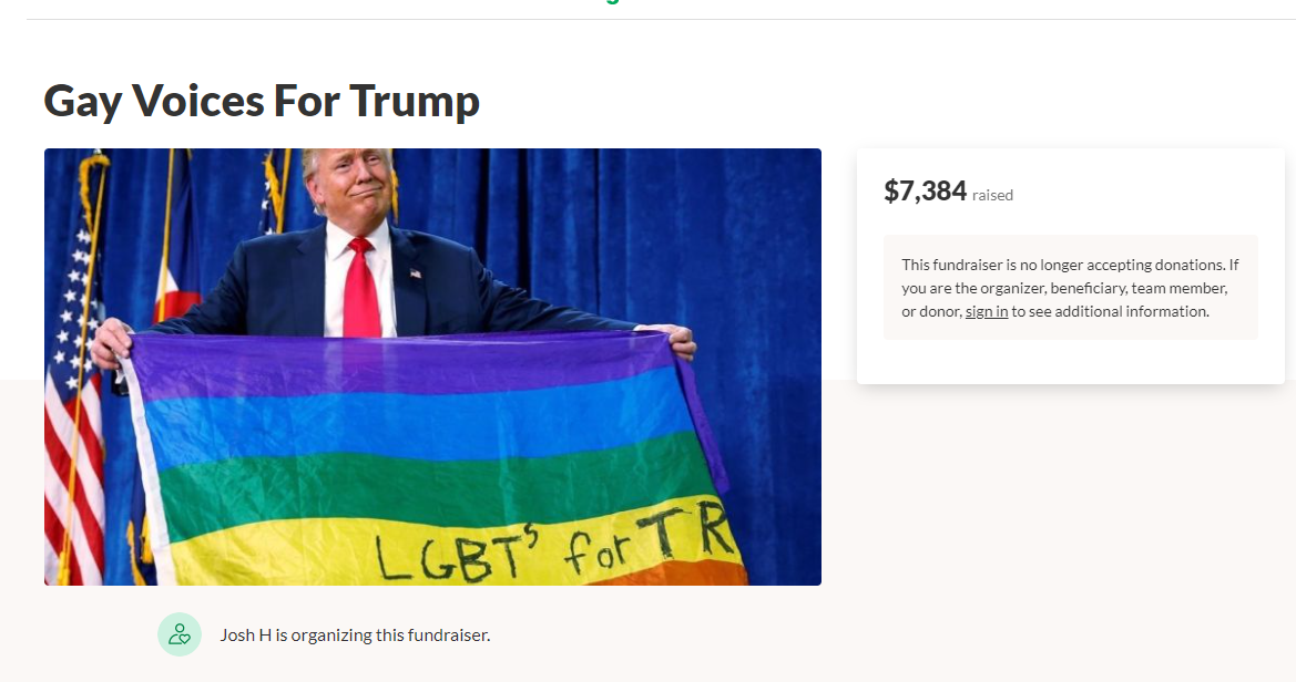 A screenshot of the "Gay Voices For Trump" GoFundMe that raised $7,384.
