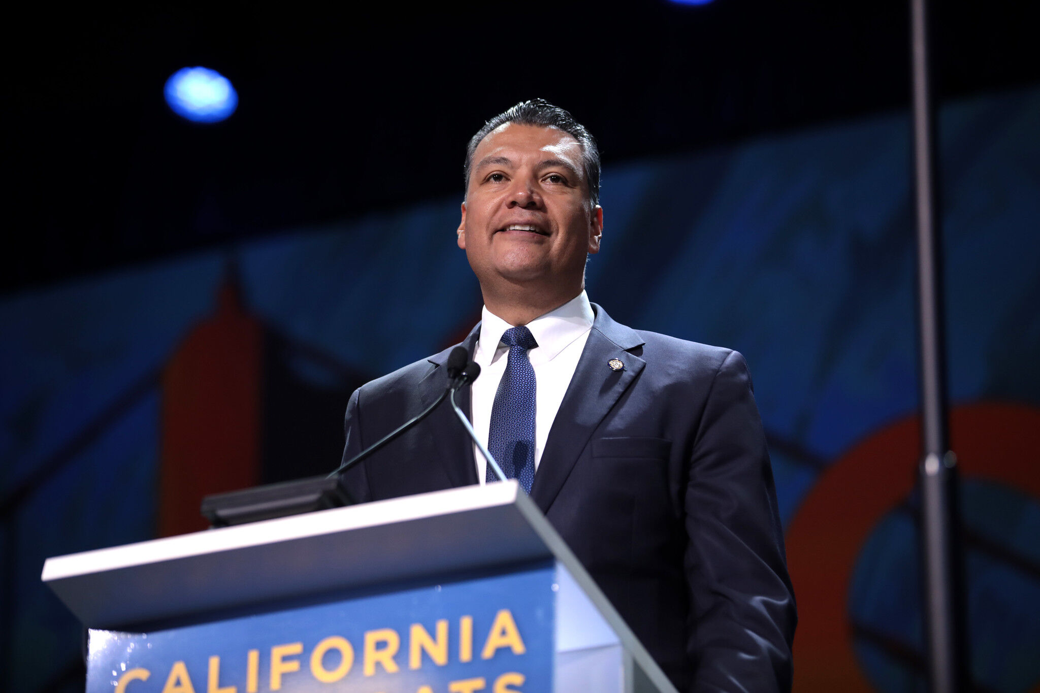 Secretary of State Alex Padilla speaking with attendees at the 2019 California Democratic Party State Convention at the George R. Moscone Convention Center in San Francisco, California.
