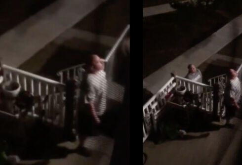 A drunk partygoer threatens a neighboring gay couple on camera & tries to kick down their door