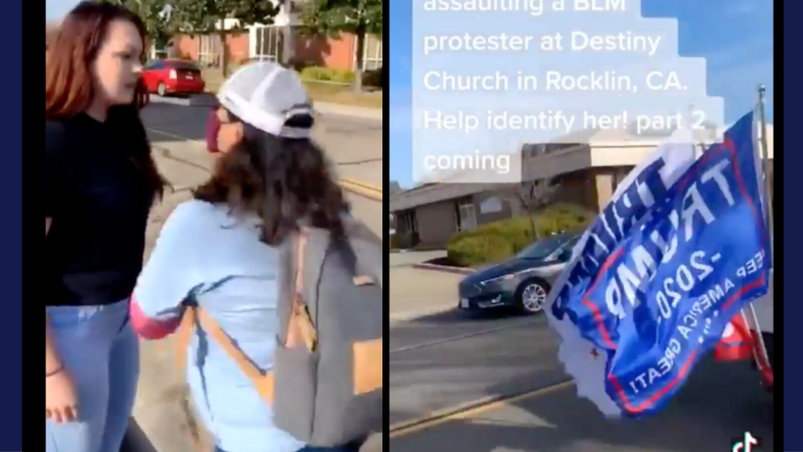 An anti-LGBTQ person confronts a protestor outside of Rocklin Church (left) before a Trump flag-waving truck honks in support.