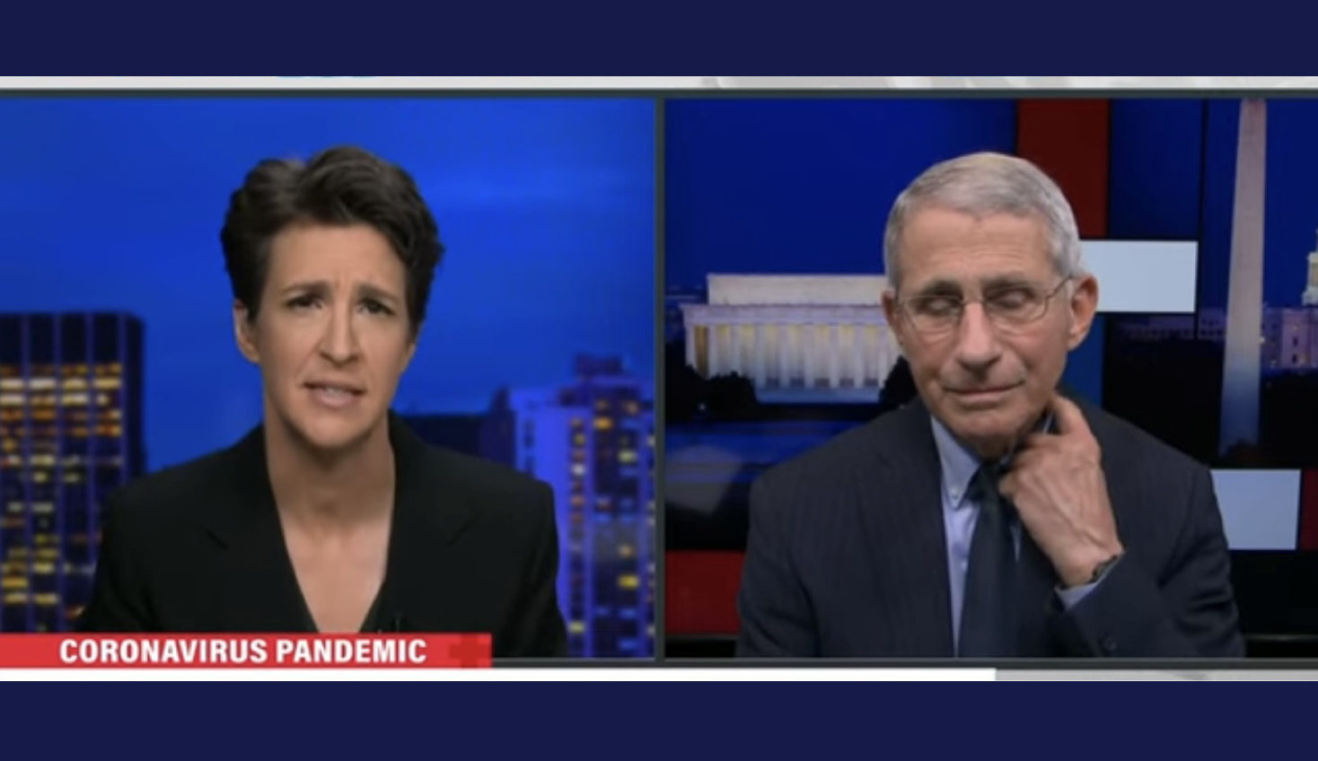 Rachel Maddow (left) and Dr. Anthony Fauci (right) on the Rachel Maddow Show