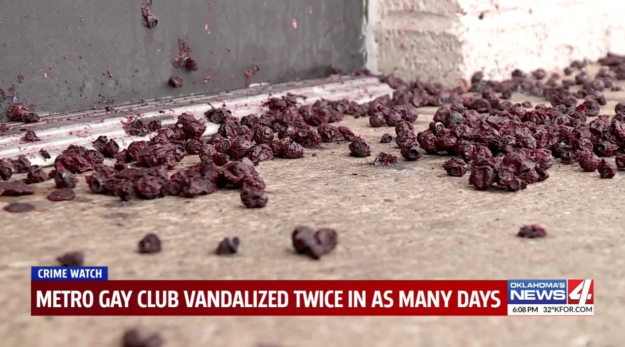 Blueberries were strewn in front of the entrance to a gay bar in Oklahoma.