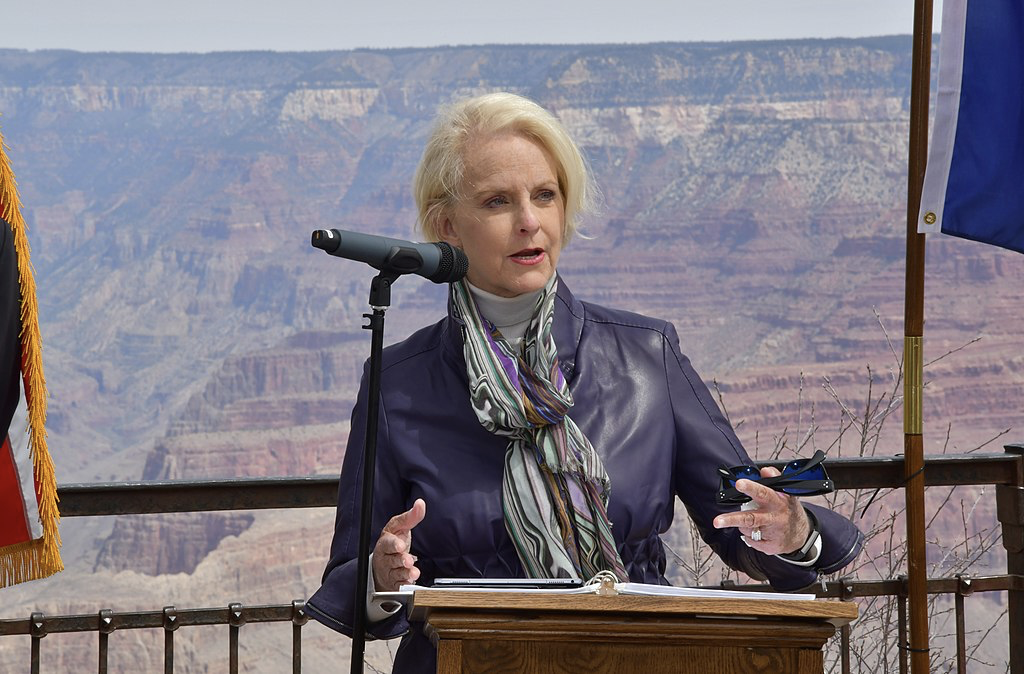 Cindy McCain accepts an award on her husband’s behalf in April 2018 at Grand Canyon National Park
