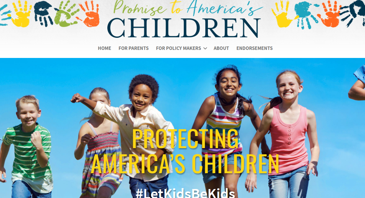 A screenshot of the "Promise to America's Children" website on February 26, 2021