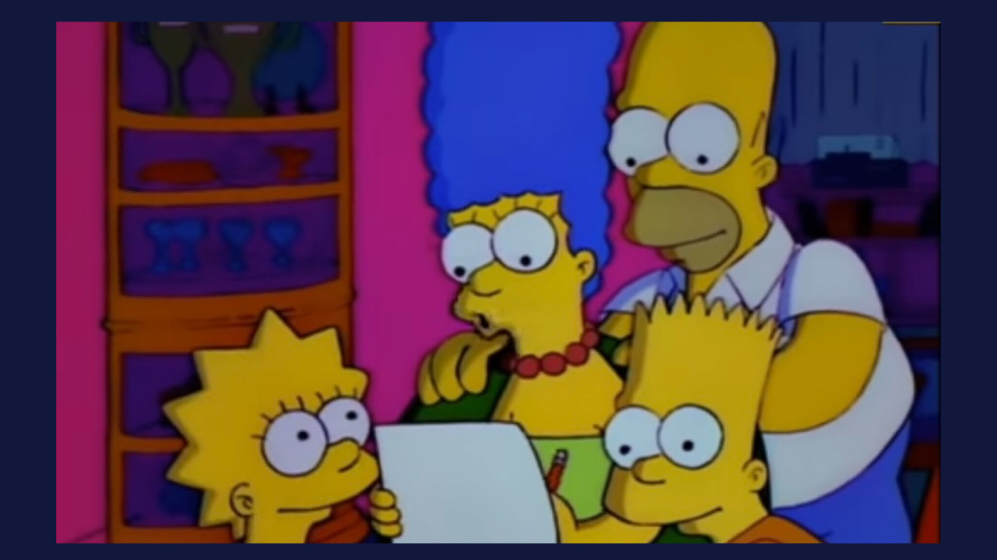 The Simpsons family (from left to right - Lisa, Marge, Homer, and Bart)