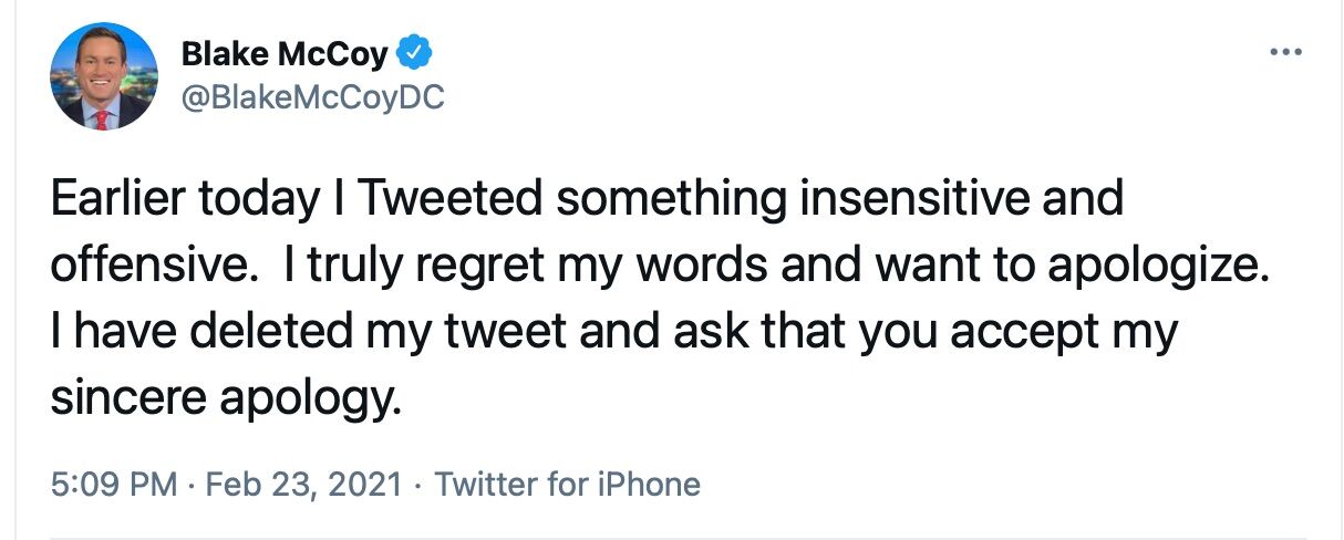 Fox 5 news anchor Blake McCoy has apologized for an offensive tweet.
