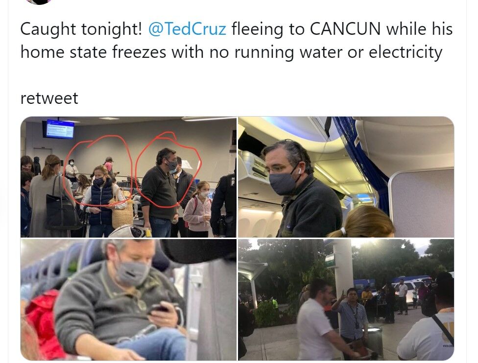 Twitter users are sharing pictures of a man who appears to be Sen. Ted Cruz flying to Mexico
