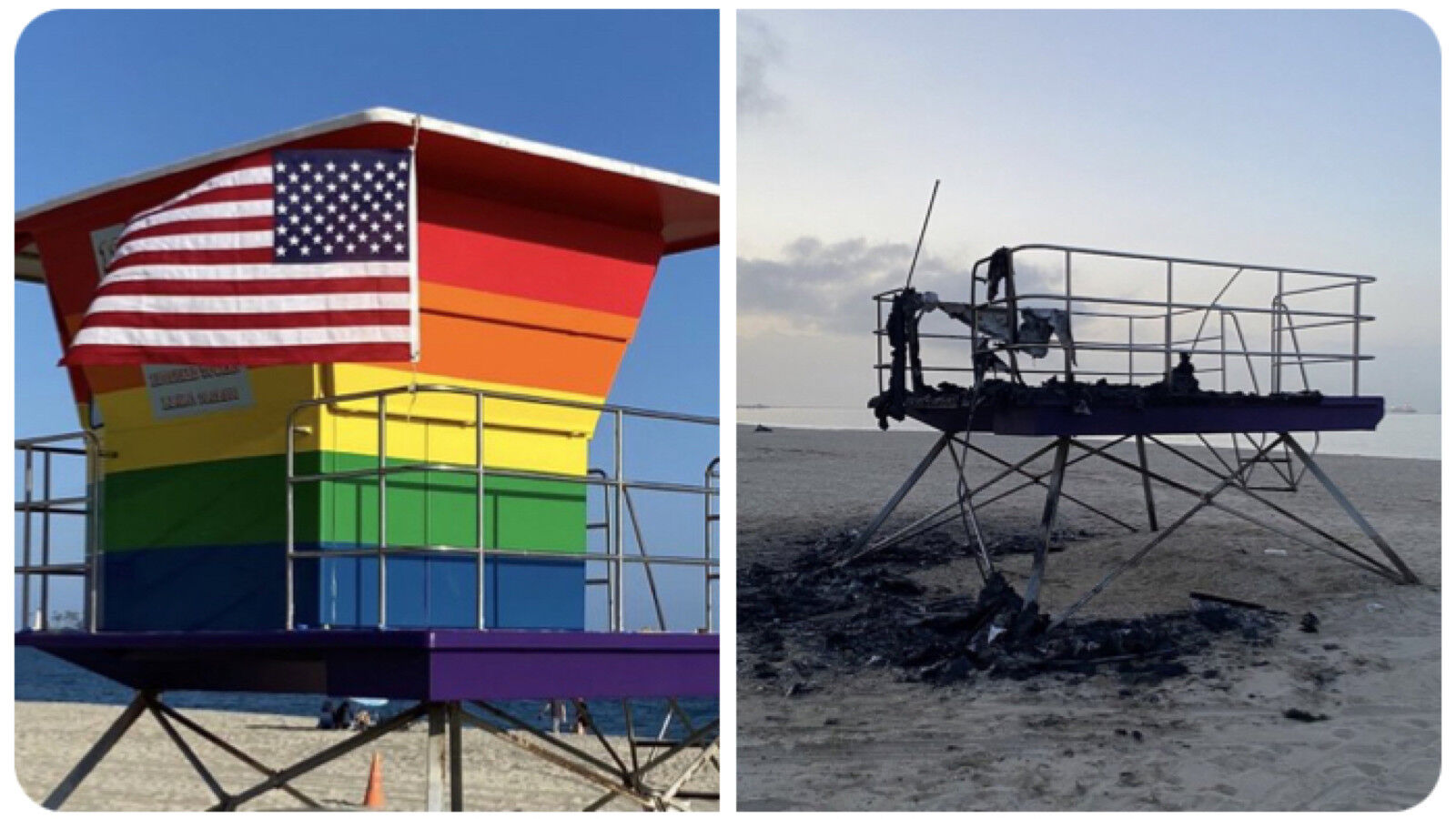 The Pride lifeguard station on Long Beach before and after the fire on March 23, 2021.