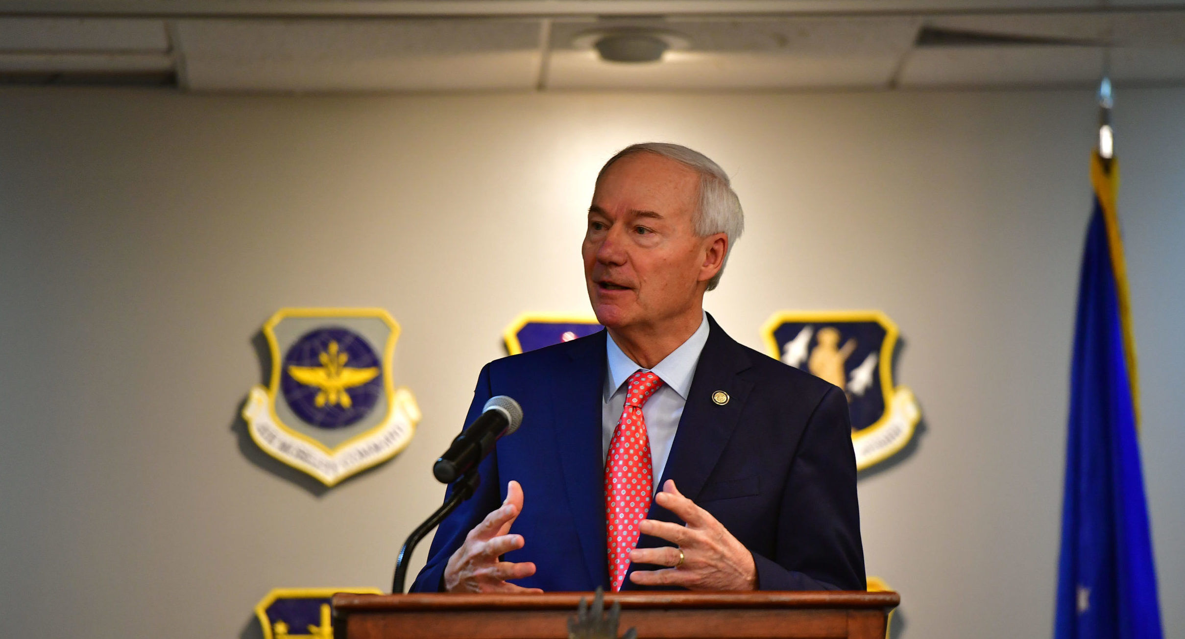 Gov. Asa Hutchinson speaks to Team Little Rock members during a quarterly community council meeting at Little Rock Air Force Base, Arkansas, Aug. 13, 2019.