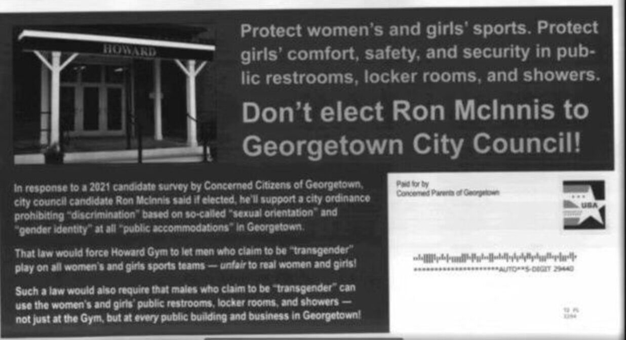 The flier sent to residents of Georgetown, SC accusing the Democratic candidate of being too friendly to transgender people.