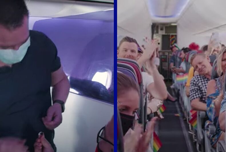 flight-proposal-gay-virgin Chris Lai proposing to Cedric Thiery on the flight
