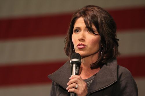 One of Trump's potential running mates for 2024, U.S. Representative Kristi Noem, speaks at a Republican political rally in Iowa.