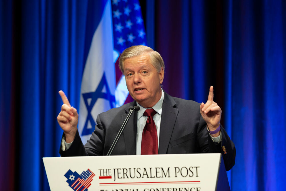 New York, NY - April 29, 2018: US Senator Lindsey Graham speaks during 7th Annual Jerusalem Post Conference at Marriott Marquis Hotel