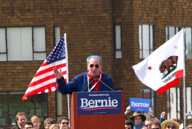 Tom Ammiano, politician and LGBTQ activist, speaking to the crowd at a campaign rally for Sen. Bernie Sanders in San Francisco, CA on March 24, 2019.