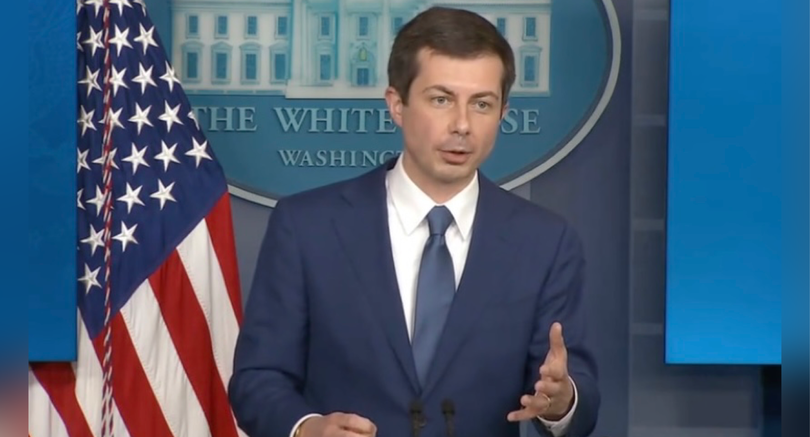 Pete Buttigieg speaking from the White House's James S. Brady Press Briefing Room.