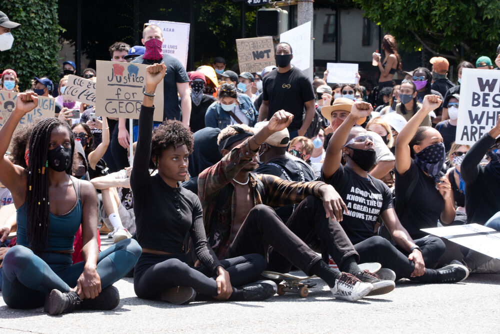 LOS ANGELES - MAY 30, 2020: Participants of protest march against police violence over the killing of George Floyd.