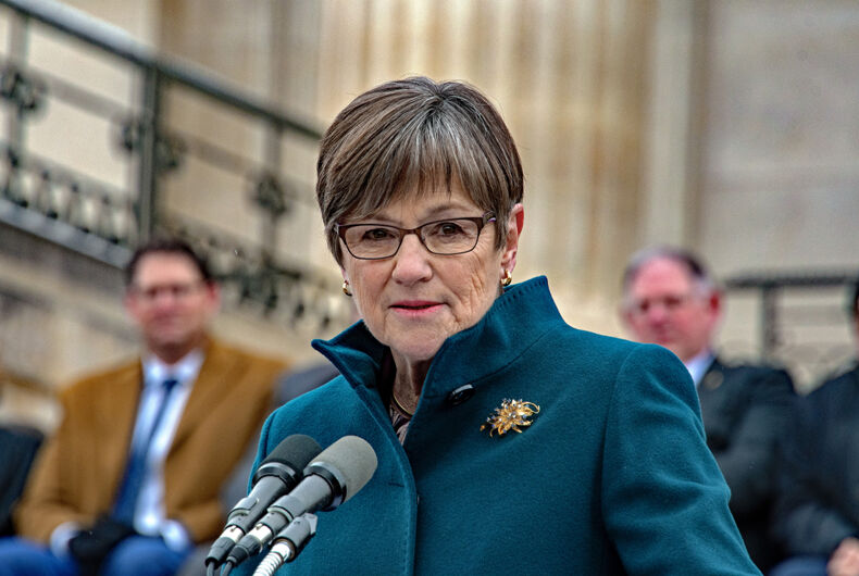 Topeka, Kansas - January 14, 2019: Democrat Governor Laura Kelly delivers her inaugural speech is front of the steps of the Kansas State Capitol building