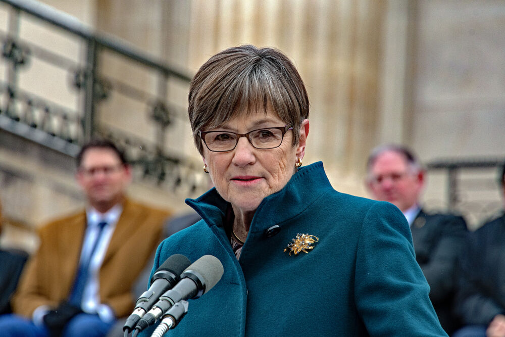 Topeka, Kansas - January 14, 2019: Democrat Governor Laura Kelly delivers her inaugural speech is front of the steps of the Kansas State Capitol building