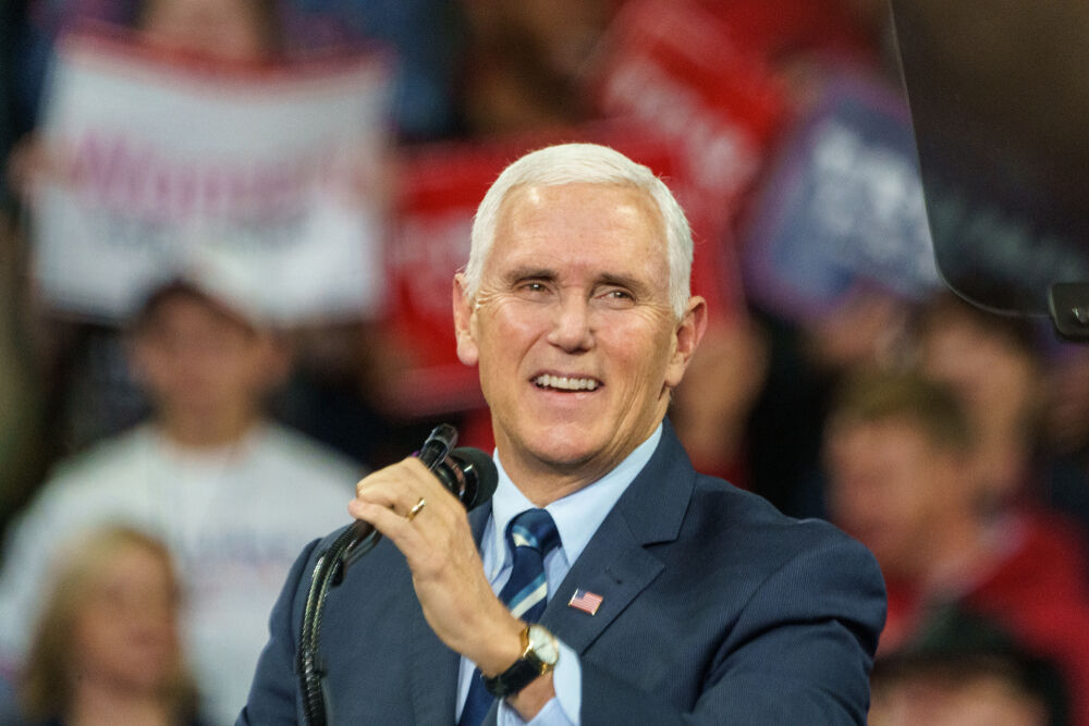 Hershey, PA / USA - December 7, 2019: US Vice President Mike Pence speaking at a political rally after the US Congress House Leaders announced impeachment proceedings against President Trump.