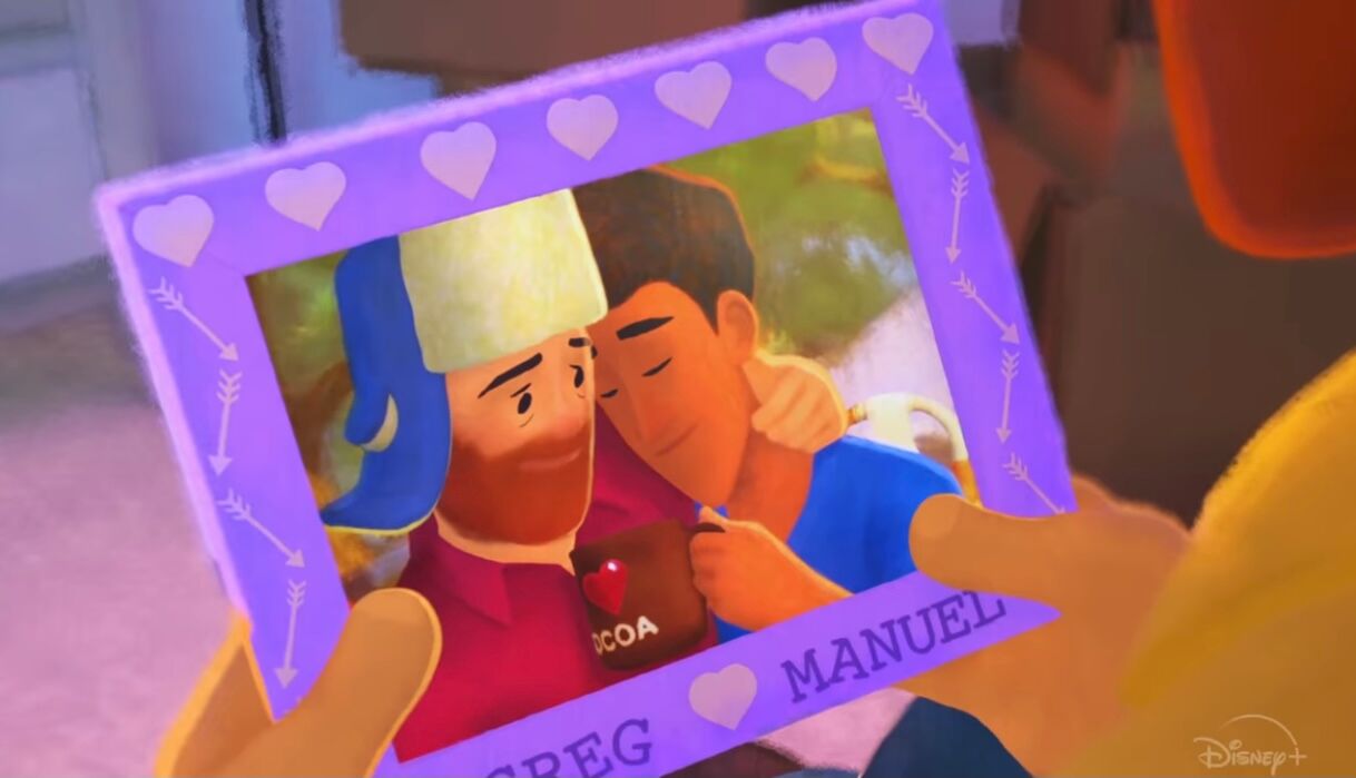 Greg and Manuel, the couple featured in the animated short film "Out" released on Disney Plus.