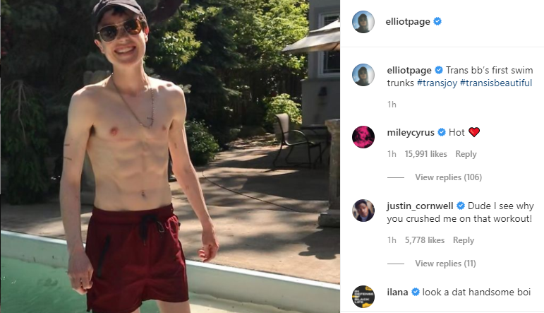 Elliot Page's shirtless Instagram post. "Hot," says Miley Cyrus.