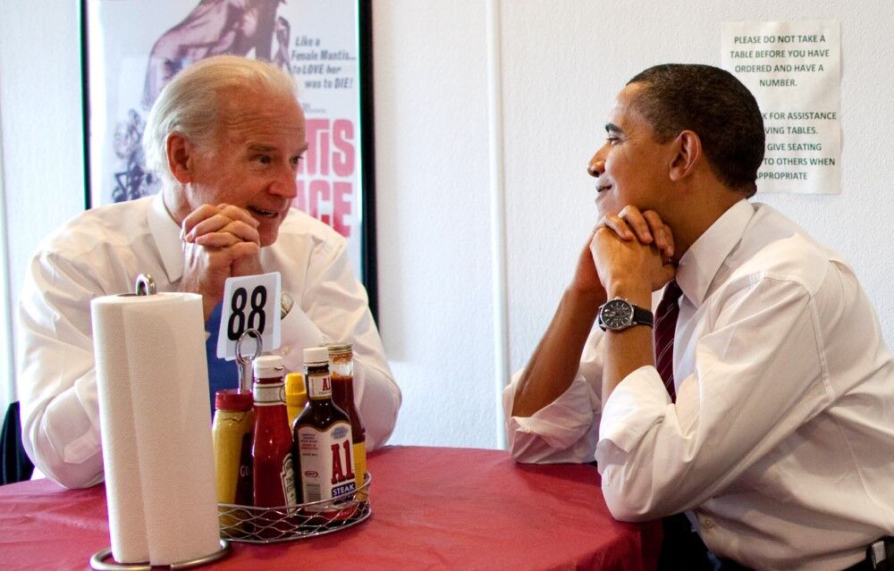 Joe Biden and Barack Obama visit Rays' Hell Burger in Arlington, VA, in 2009. Proof that he would sabotage chicken to promote burgers?