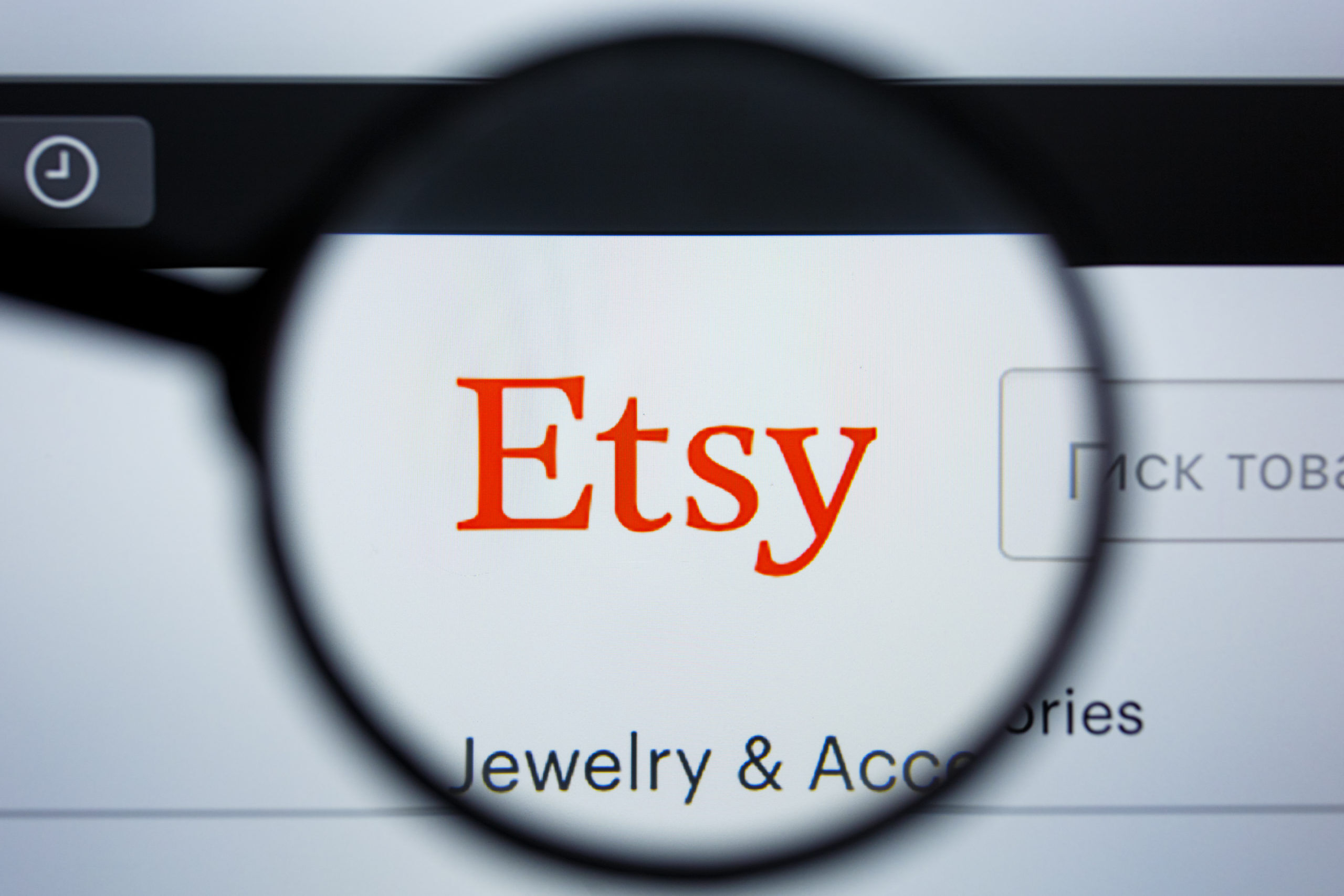 Illustrative Editorial of ETSY.COM website homepage. ETSY logo visible on display screen.