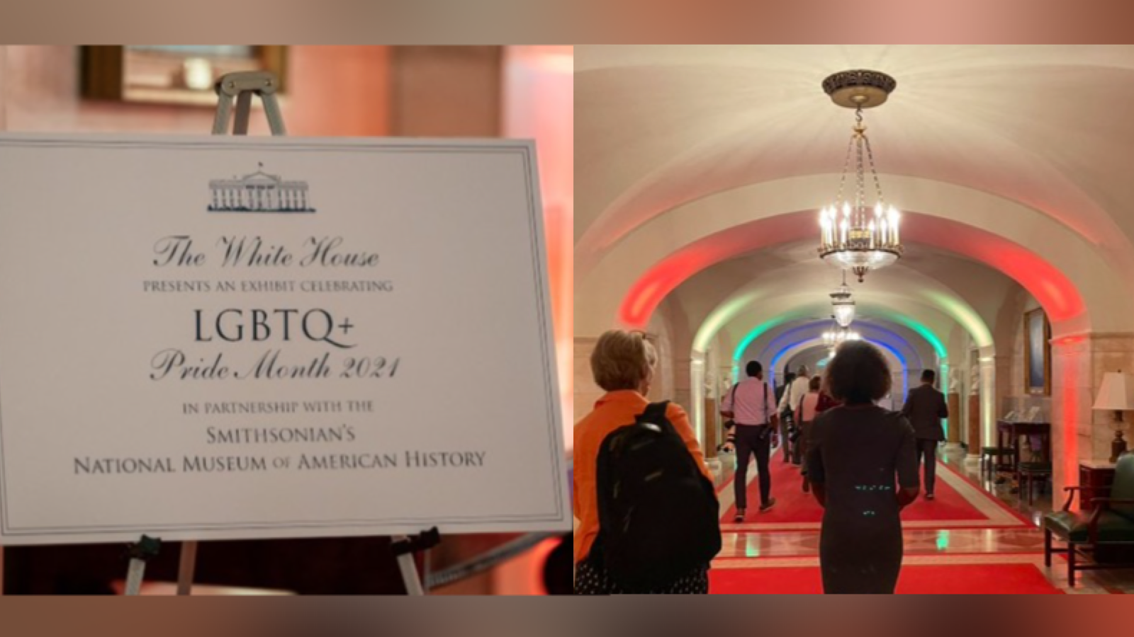 The Ground Floor Corridor illuminated in Pride colors and featuring LGBTQ artifacts.