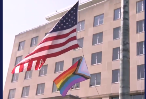 The State Department raises the Progress Pride flag over their headquarters