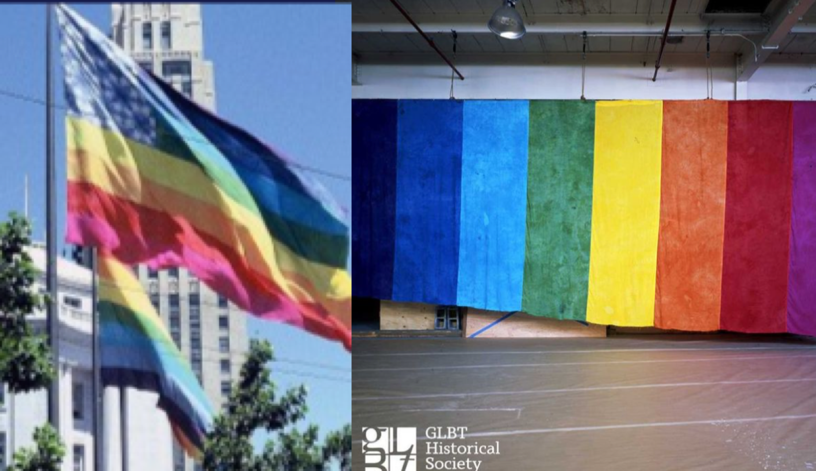 One part of the two original Pride flags created for the 1978 Gay Freedom Day Parade (left) has been recovered. It is now on display at the GLBT History Society Museum in San Francisco (right).