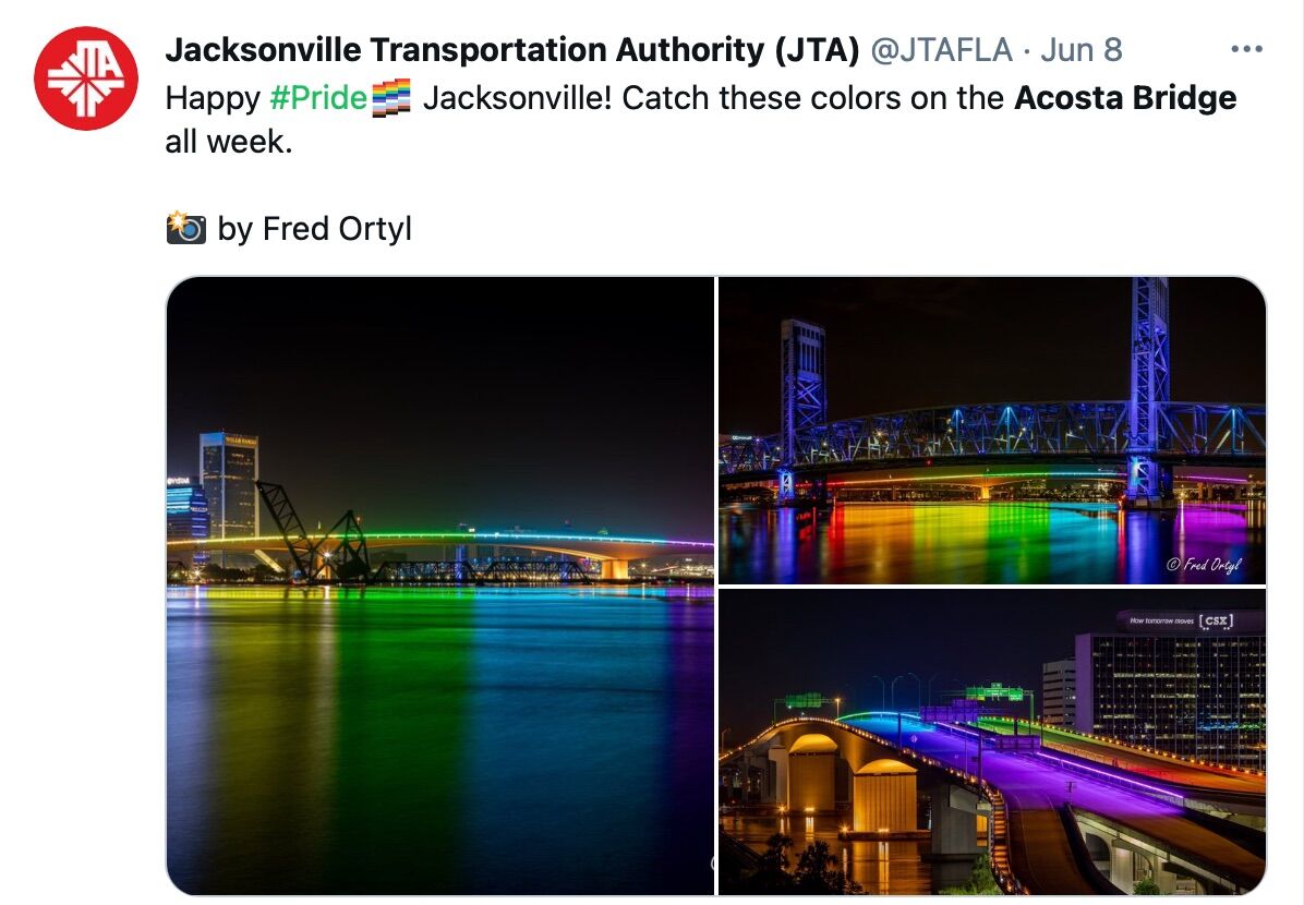For a brief time, the Acosta Bridge was lit in rainbow colors before the Florida Transportation Authority ordered them shut off.