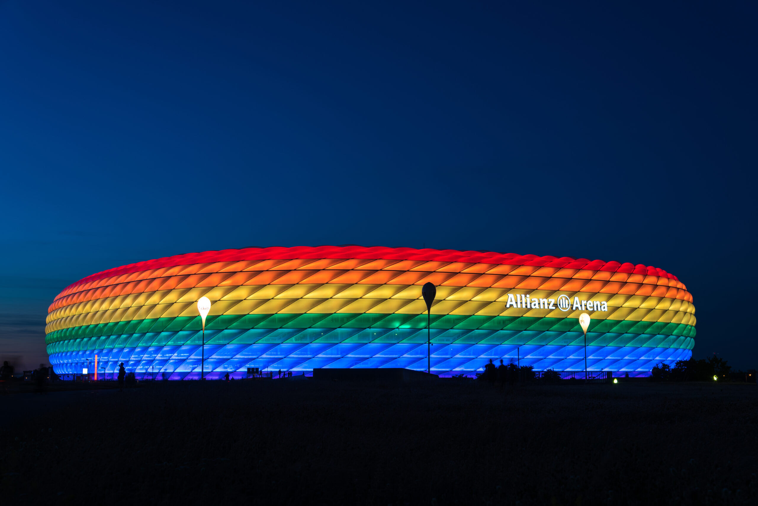 MUNICH, GERMANY - 9 JULY 2016: Allianz Arena illuminated in rainbow light on Christopher Street Day