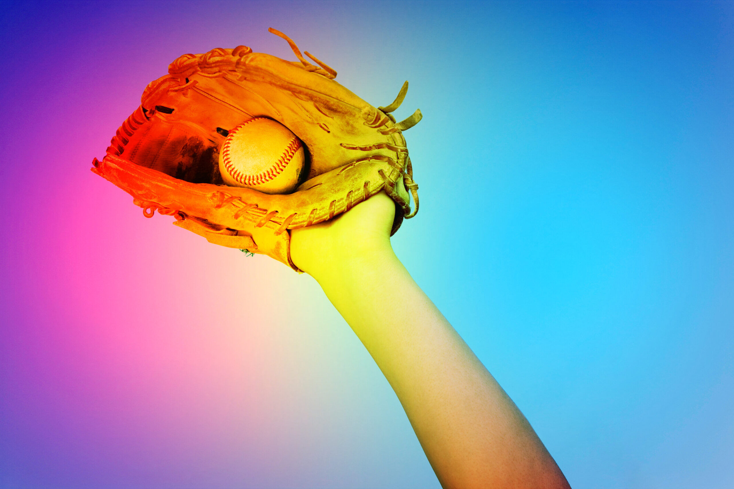 Baseball glove and ball in rainbow/Pride/LGBTQ tint