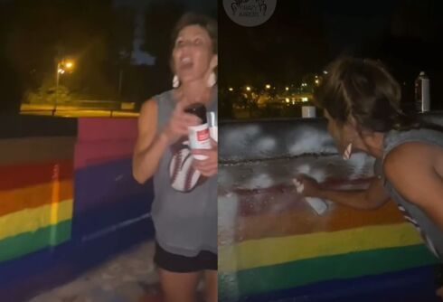 White woman screams abuse at students while spray painting over their Pride mural