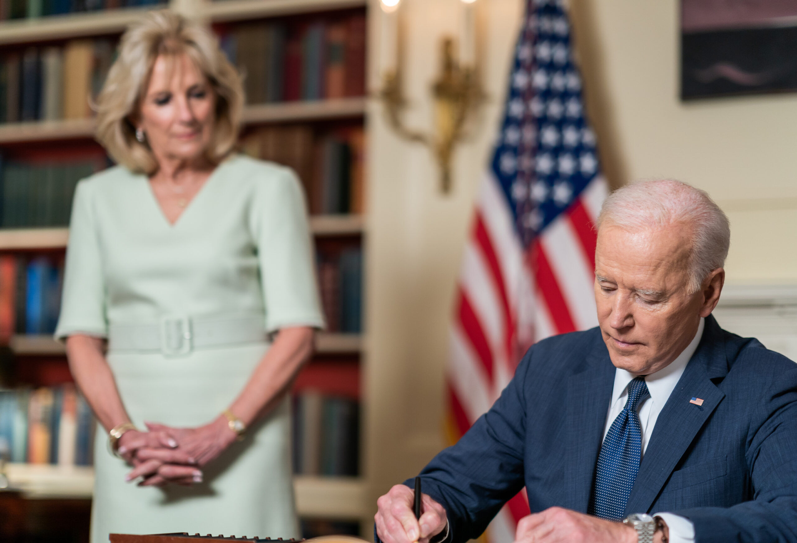 President Joe Biden, joined by First Lady Jill Biden, signs the Month of the Military Child Proclamation Wednesday, March 31, 2021, in the Library of the White House. (Official White House Photo by Adam Schultz)