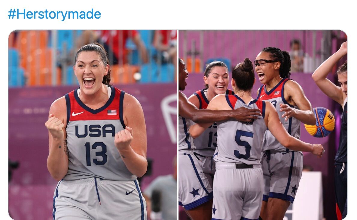 Big Mama Stef Dolson celebrates after winning a gold medal at the Olympics with her 3-on-3 basketball teammates