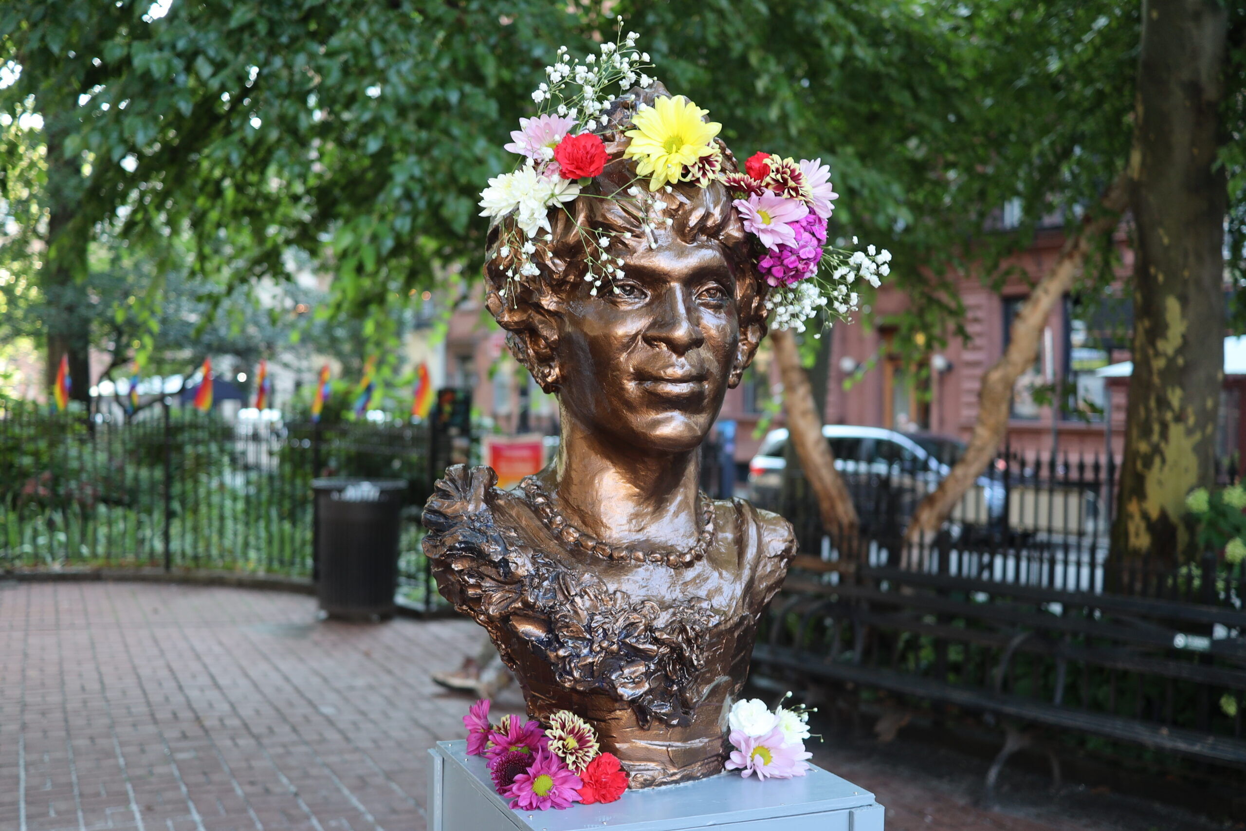 A bust of Marsha P. Johnson sculpted by Jesse Pallotta is displayed in NYC's Christopher Park.