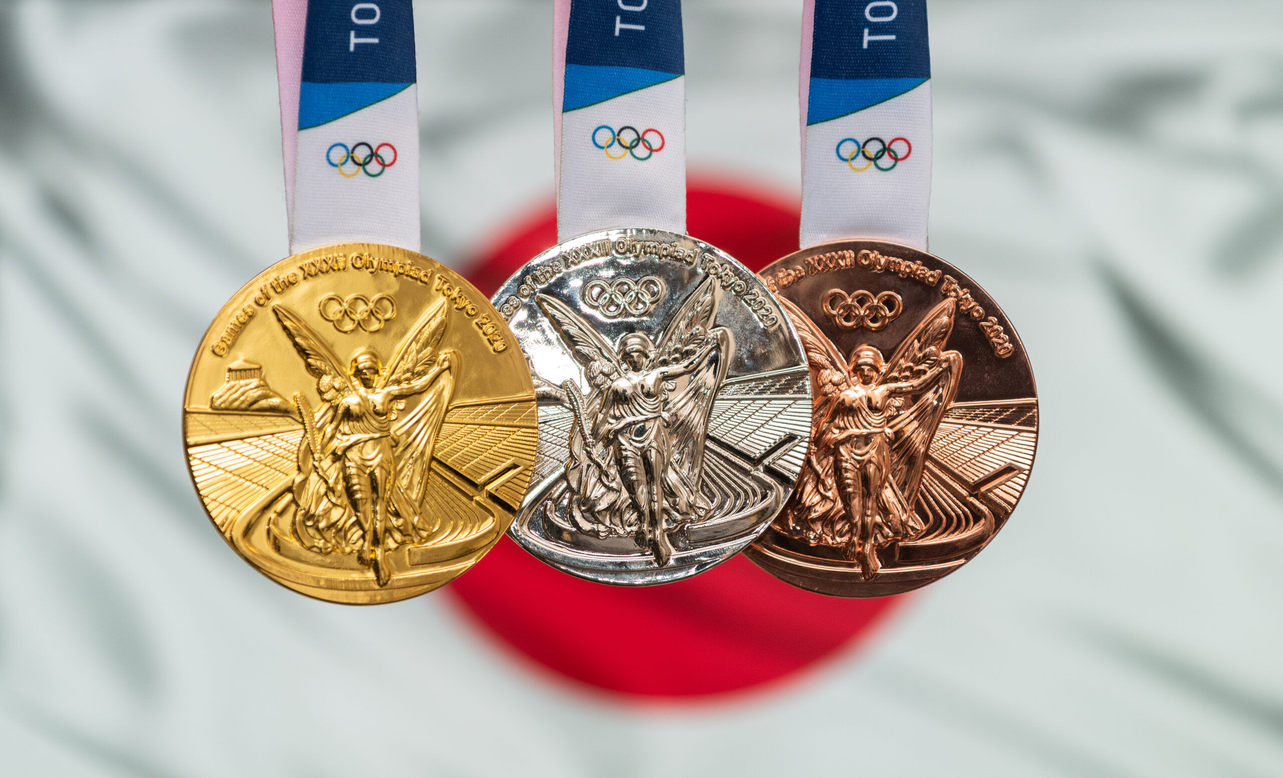 April 25, 2021 Tokyo, Japan. Gold, silver and bronze medals of the XXXII Summer Olympic Games 2020