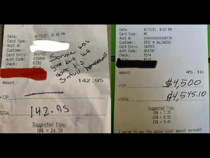 A copy of both receipts left for the insulted waiter