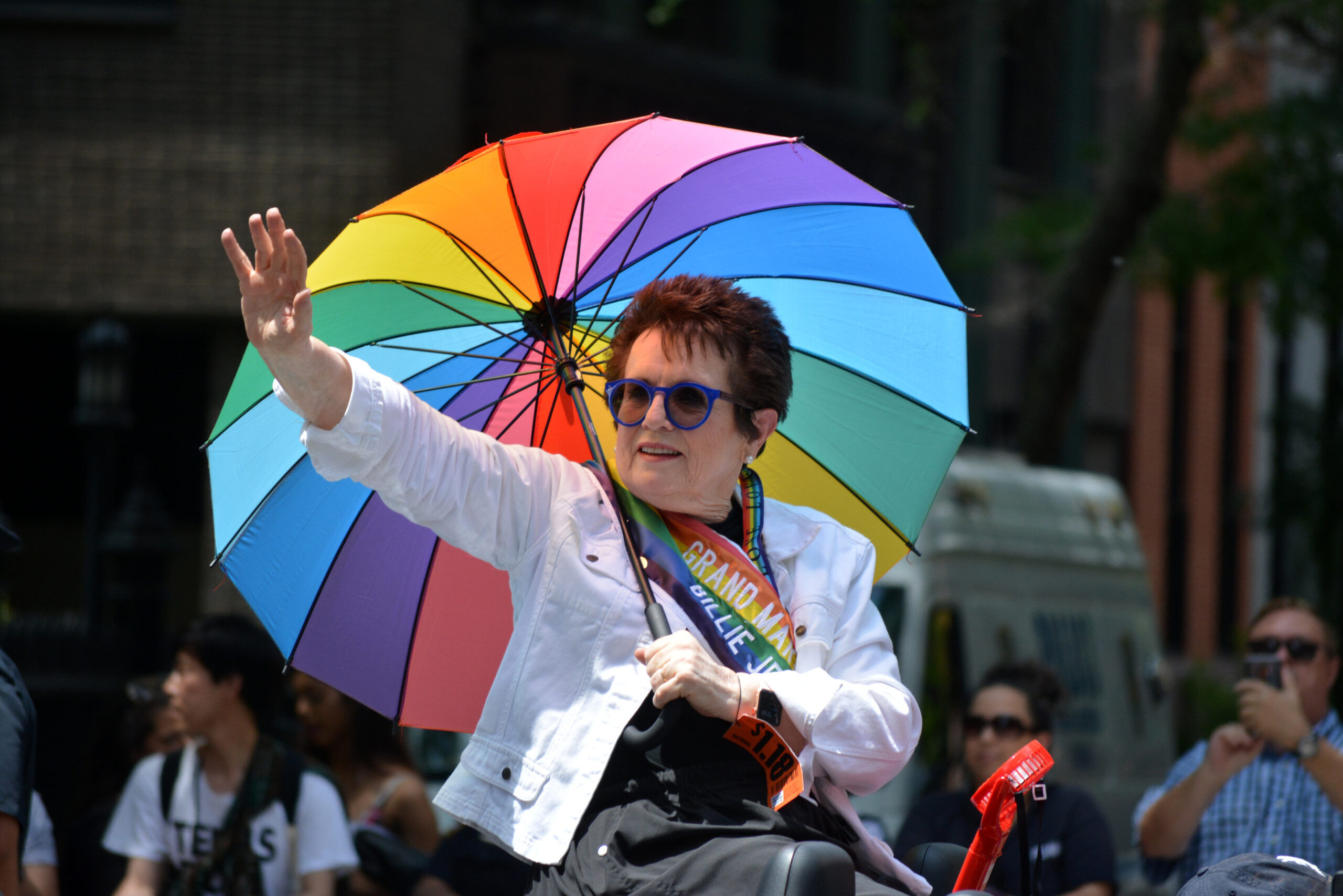 New York City, June 24, 2018 - Tennis legend Billie Jean King waves to the crowd as Grand Marshall of the New York City Pride Parade.