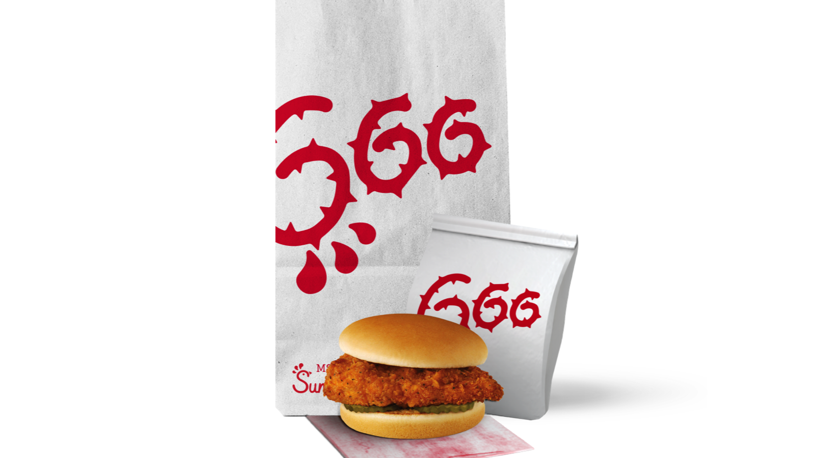The Chick-fil-A classic sandwiches and their MSCHF-redesigned packaging.