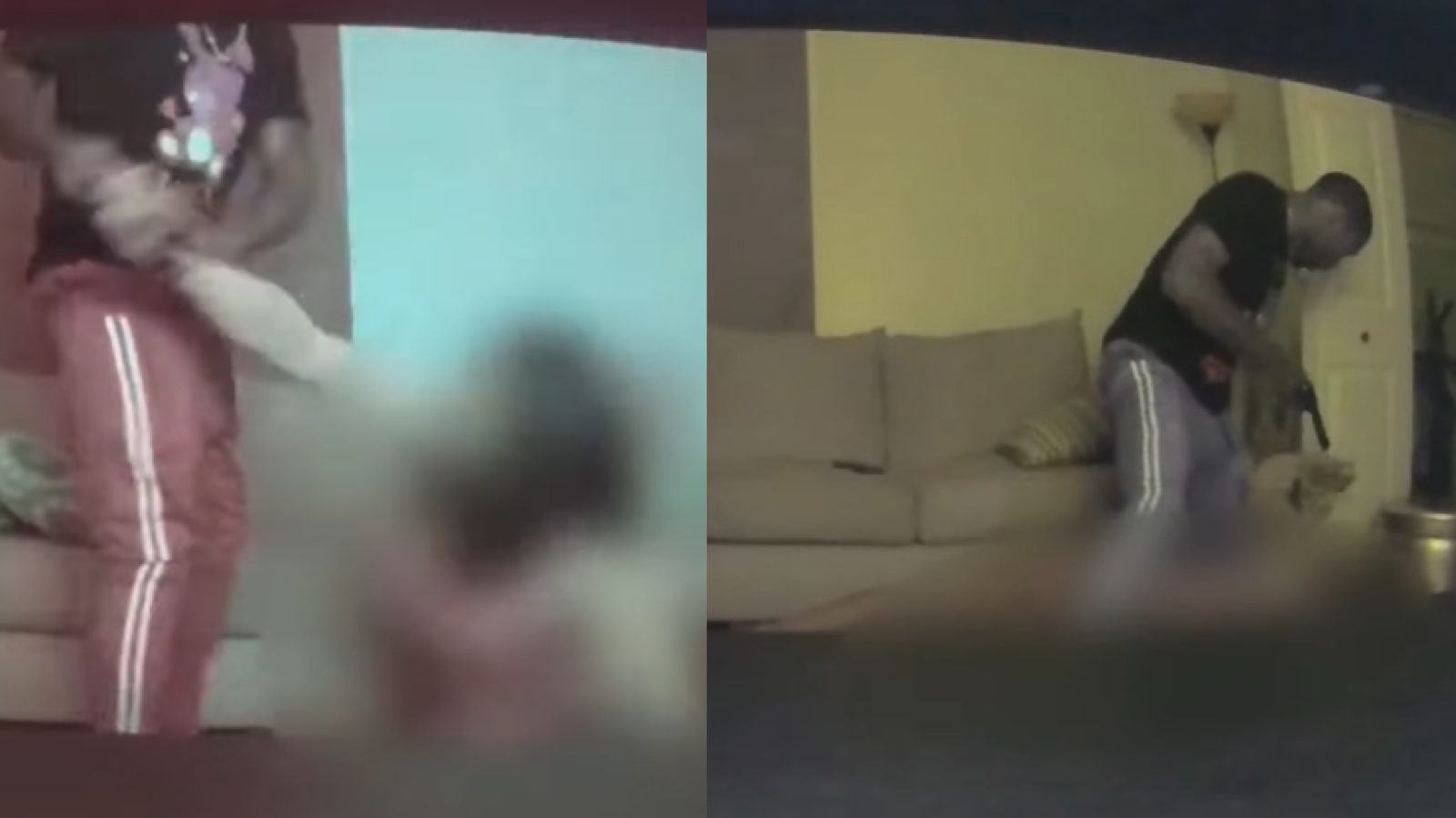 The officer (blurred) being held at gunpoint and beaten by the robber.