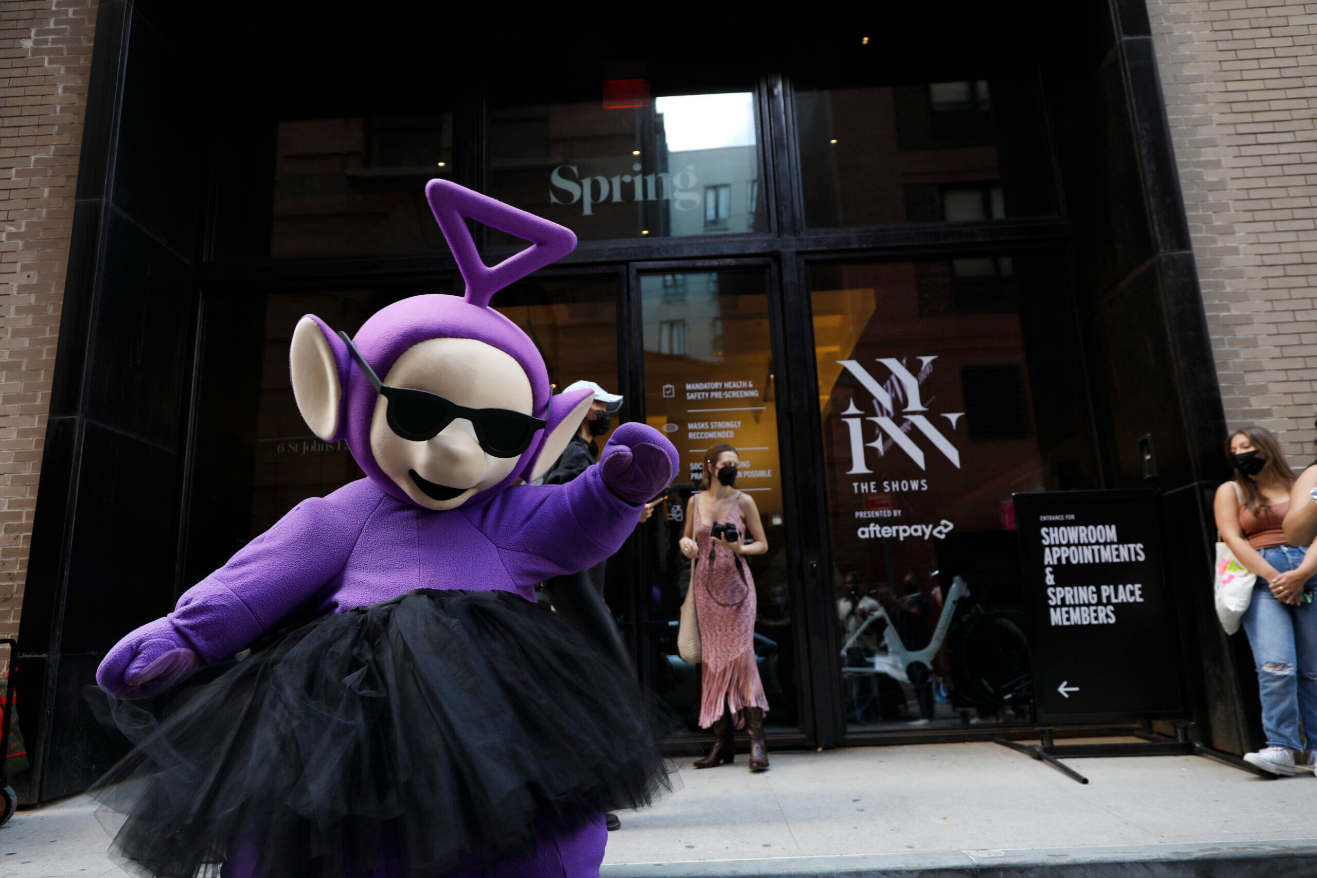 NEW YORK, NEW YORK - SEPTEMBER 10: Teletubbies' Icon Tinky Winky at Spring Studios during New York Fashion Week on September 10, 2021 in New York City. (Photo by Jeff Schear/Getty Images for Teletubbies)