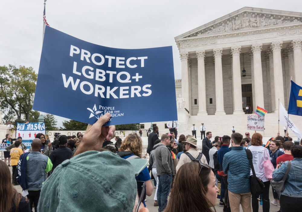 Rally for LGBTQ rights outside Supreme Court in 2019 as Justices heard arguments in the Bostock cases on job discrimination.
