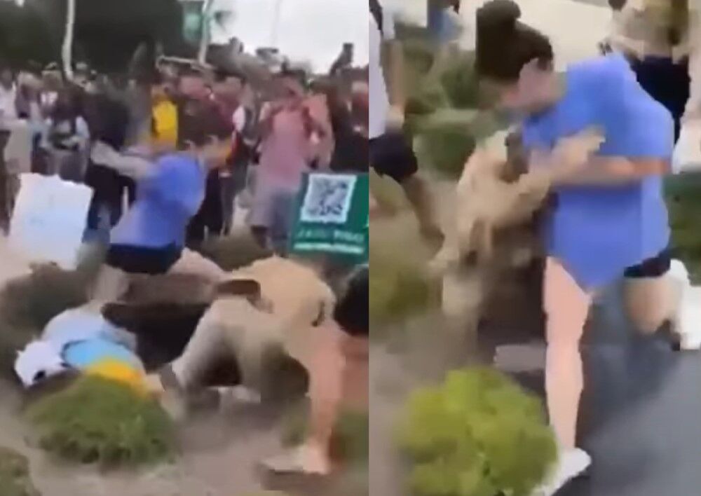 The woman beat the campus preacher in a video that has gone viral