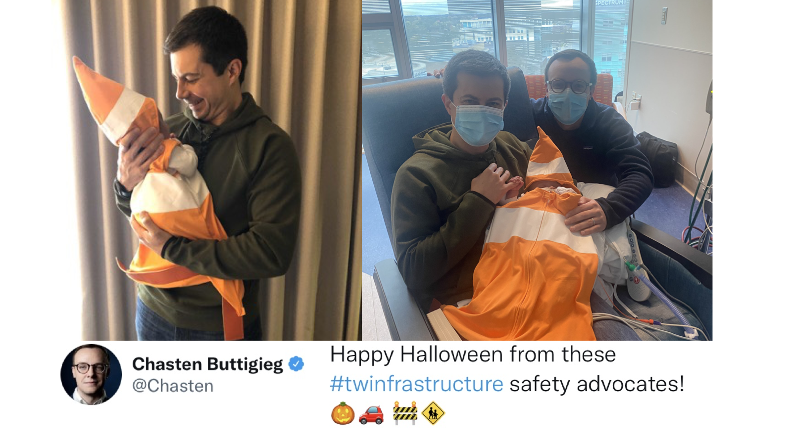 Pete, Chasten, and one of their two twin children dressed as "twinfrastructure" for Halloween